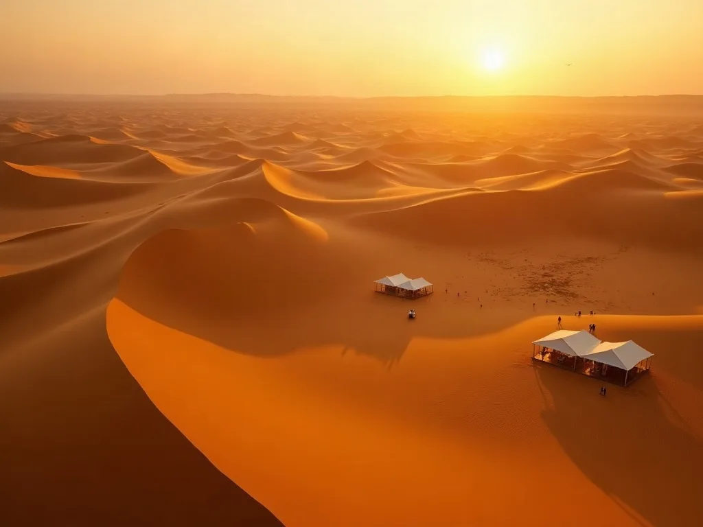 Désert de Lompoul : dunes de sable orange au coucher du soleil avec un campement de luxe sous tente au Sénégal