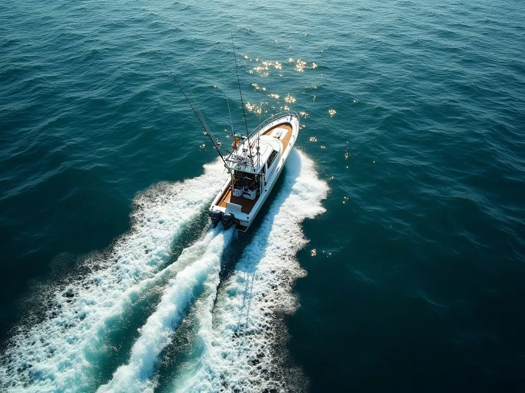 Pêche sportive au Sénégal : bateau de pêche au gros fendant l'océan au large de Dakar, vue aérienne