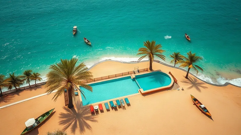 Séjour à Saly : vue aérienne d'un resort de luxe sur la Petite-Côte du Sénégal avec piscine, plage de sable doré et pirogues colorées